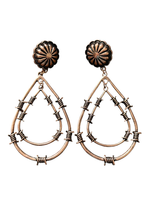 Copper Concho Double Teardrop Barbwire Earrings
