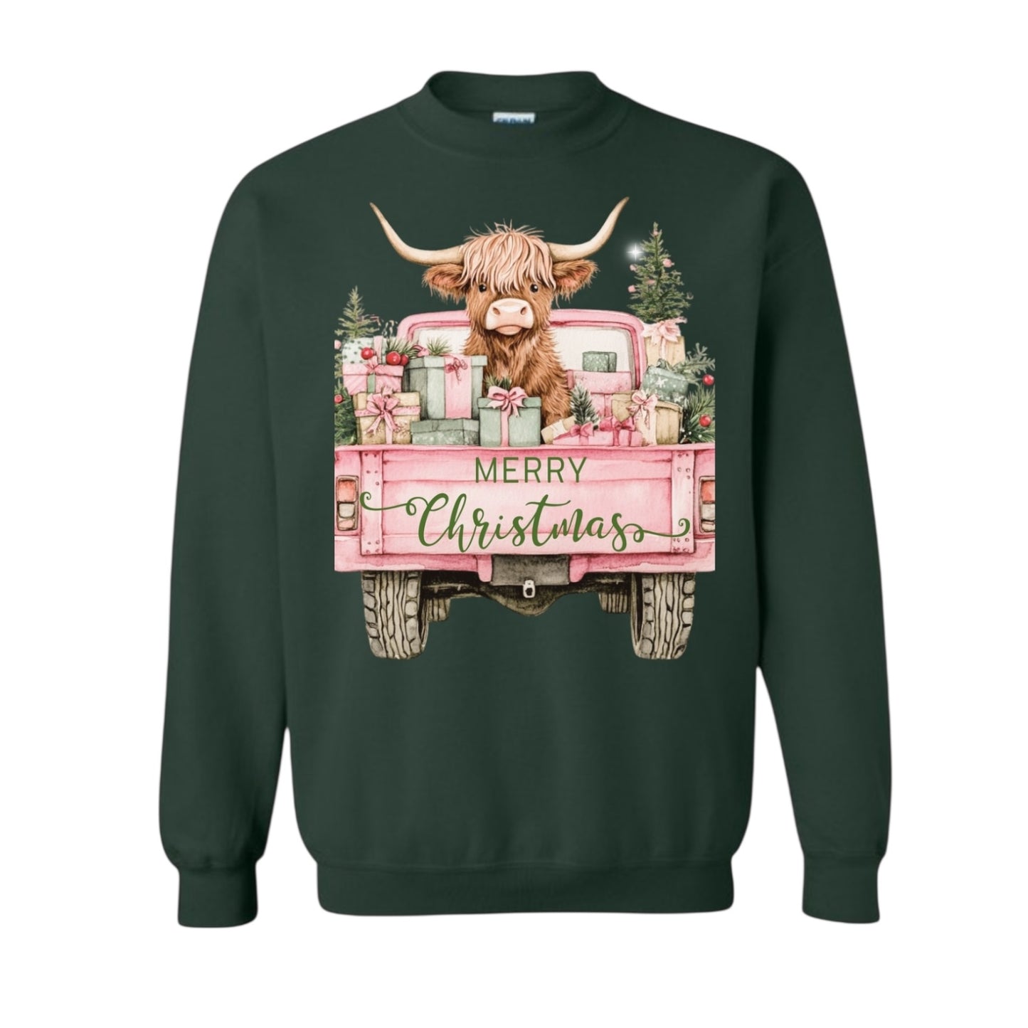 Highland Cow Pink Truck Christmas Crewneck • PRE ORDER •