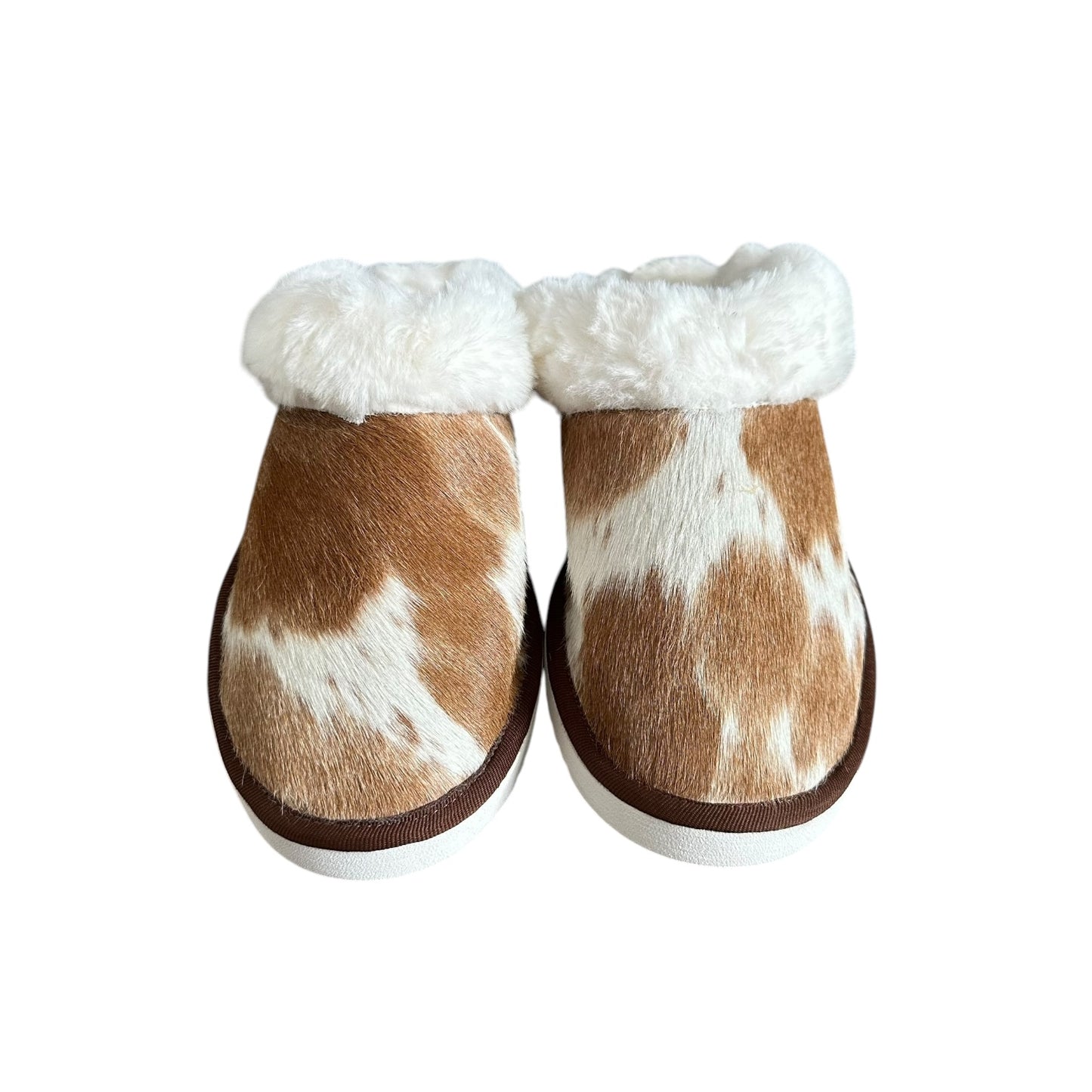 Brown & White Cowhide Slippers - Size 6