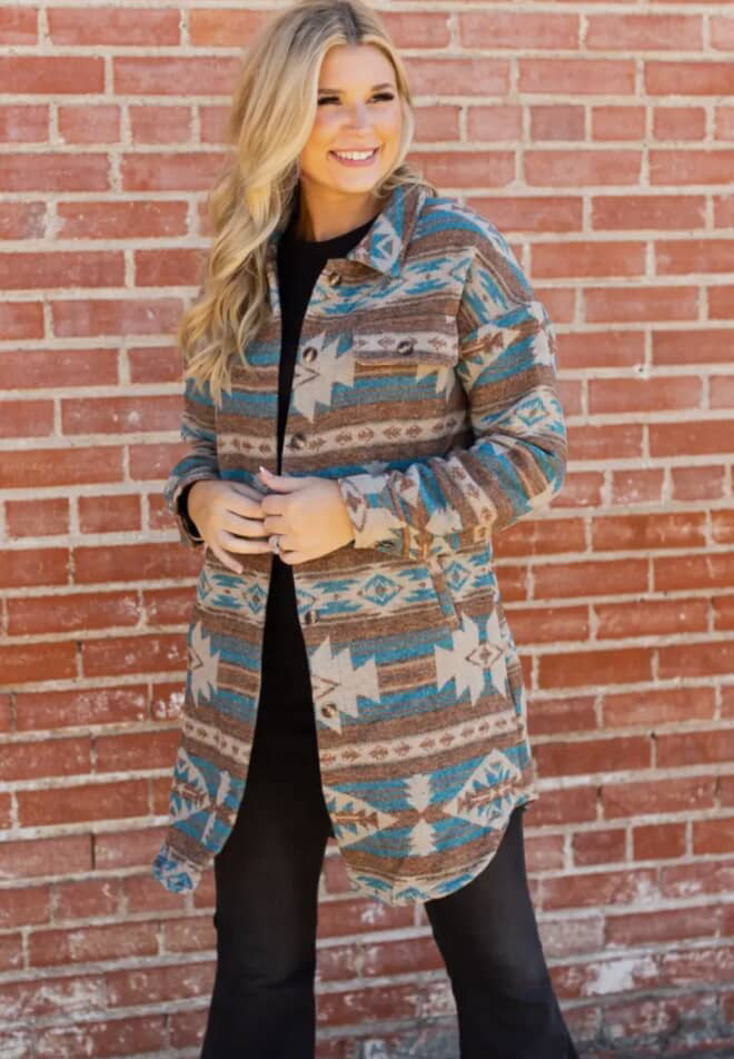 Turquoise & Brown Aztec Shacket