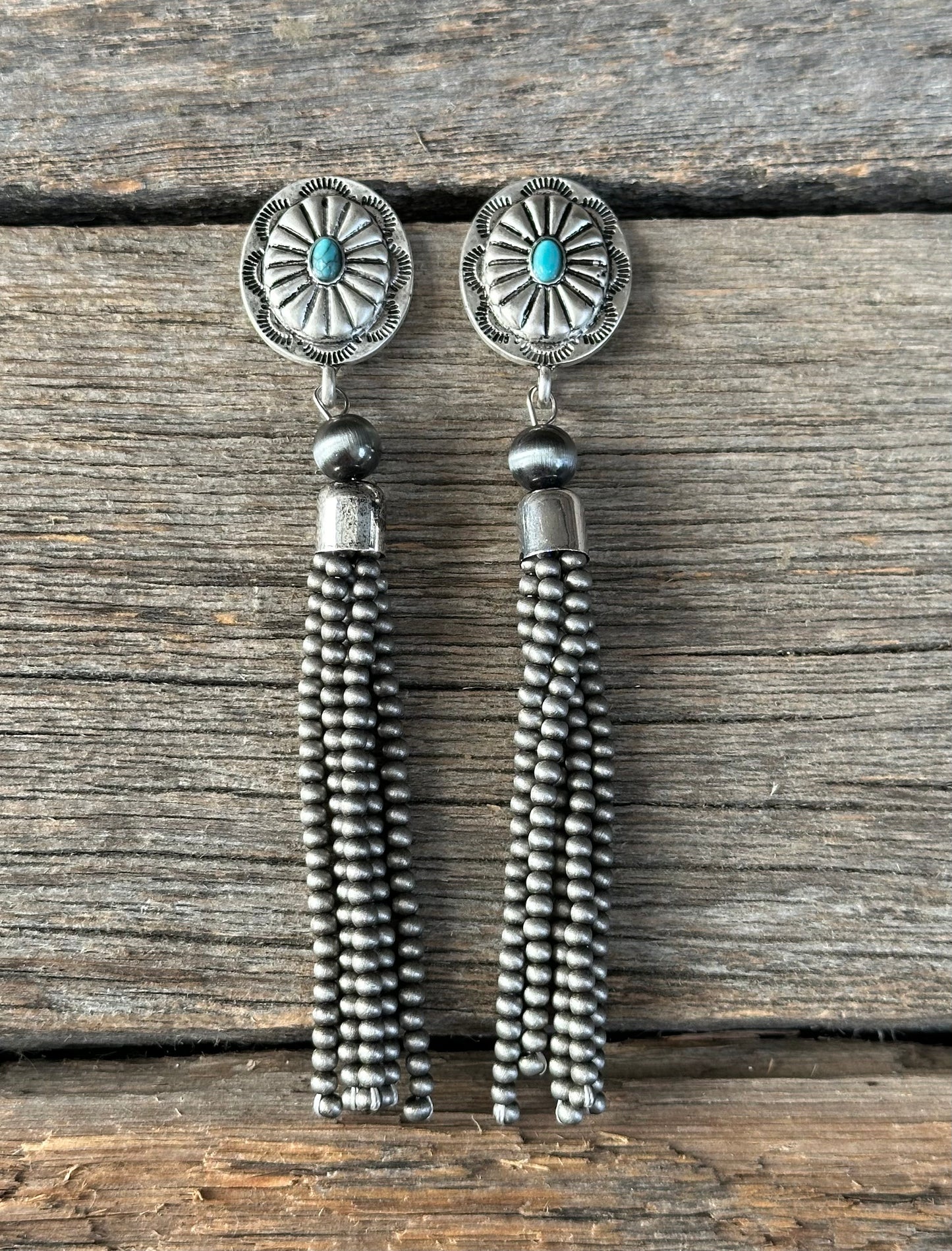 Turquoise Concho Navajo Pearl Fringe Earrings