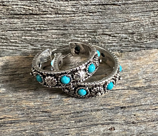 Small Silver Turquoise Hoop Earrings