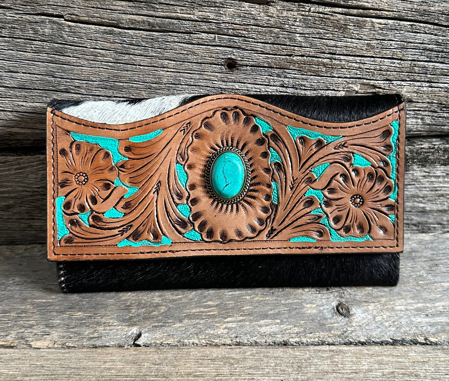 Tooled Turquoise & Cowhide Wallet