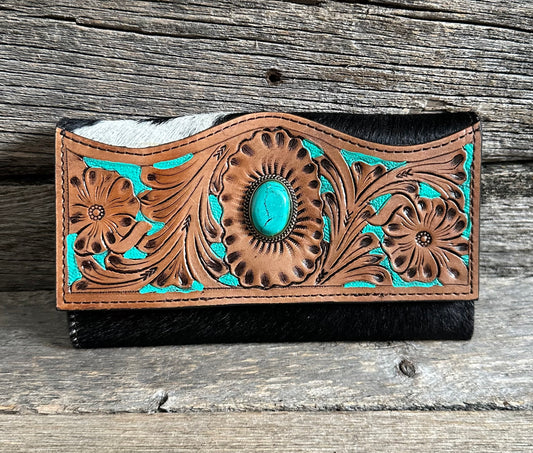 Tooled Turquoise & Cowhide Wallet