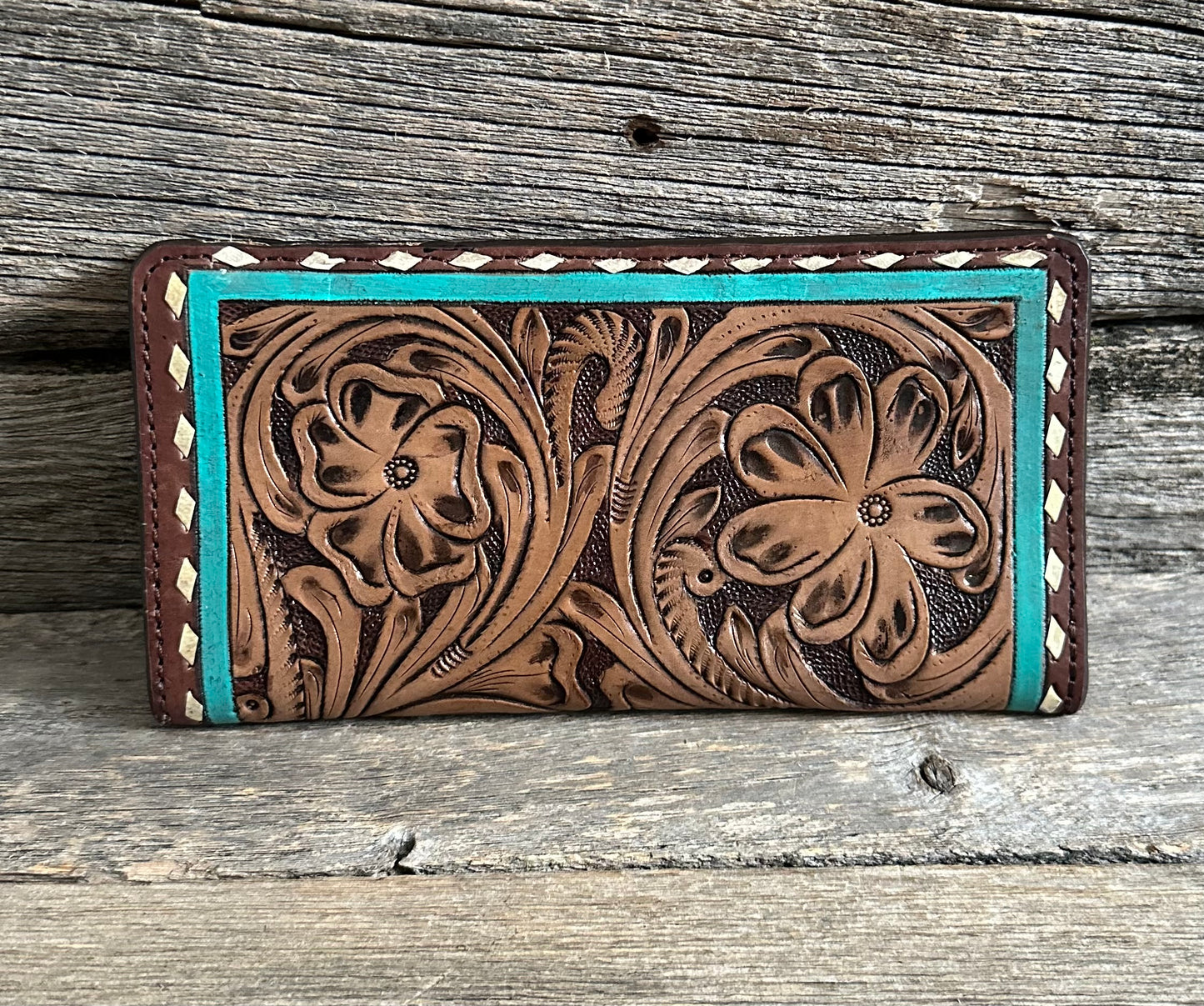 Tooled Floral Buckstitch Turquoise Wallet