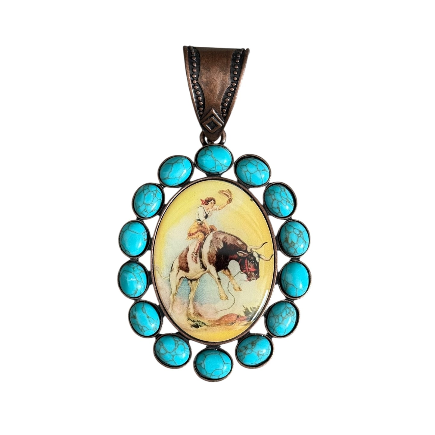 Vintage Cowgirl Cow Rider Turquoise Large Pendant
