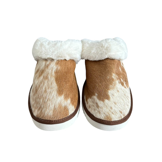 Brown & White Cowhide Slippers - Size 9