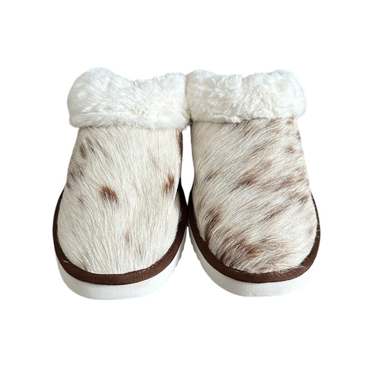 Brown & White Cowhide Slippers - Size 11