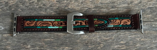 Turquoise Green Border Tooled Leather Apple Watch Band (different sizes available)