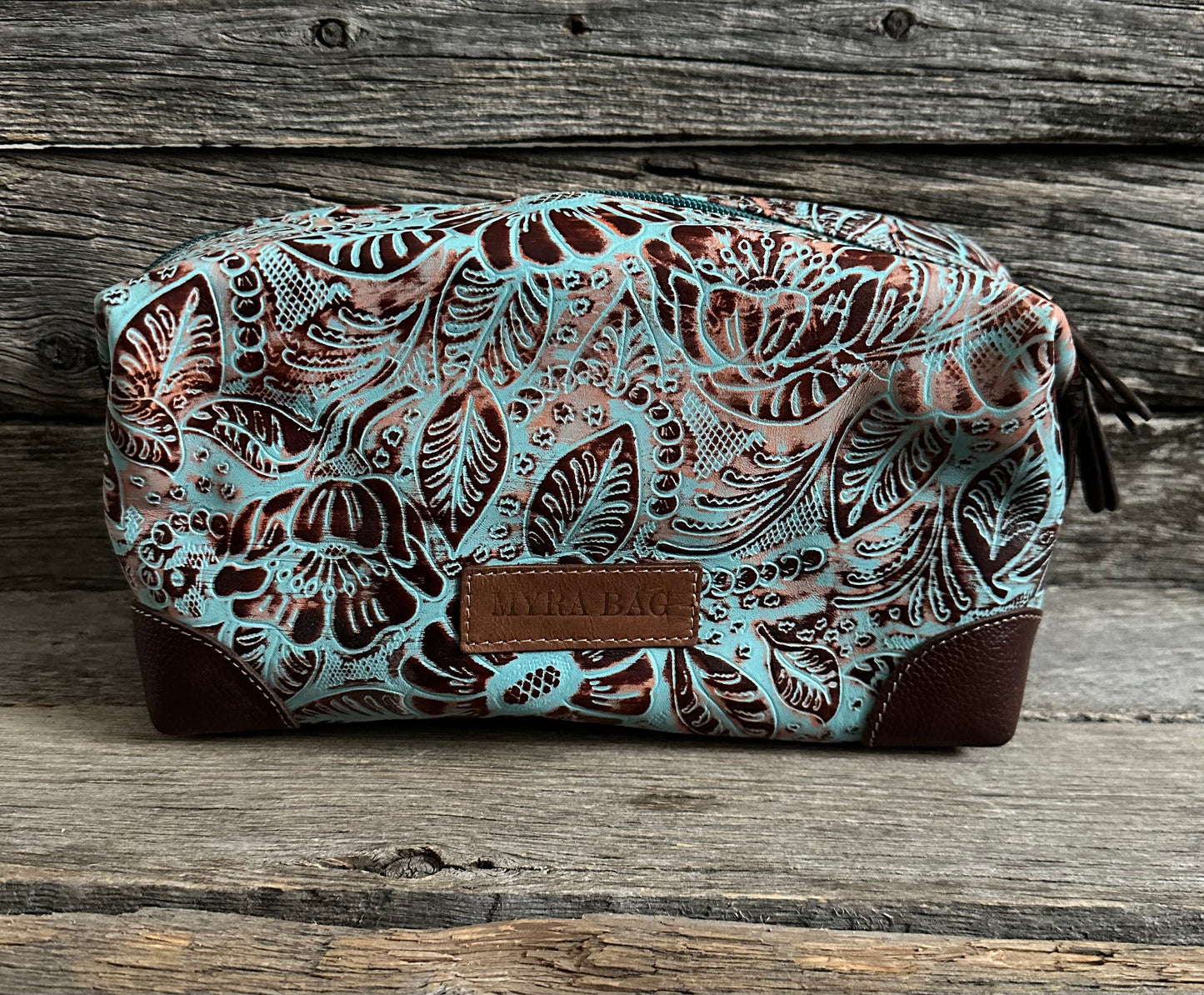 Embossed Turquoise Leather Toiletry Bag