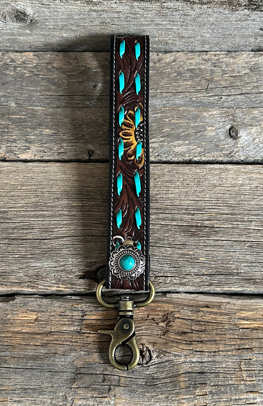 Turquoise Buckstitch Sunflower Keychain Wristlet