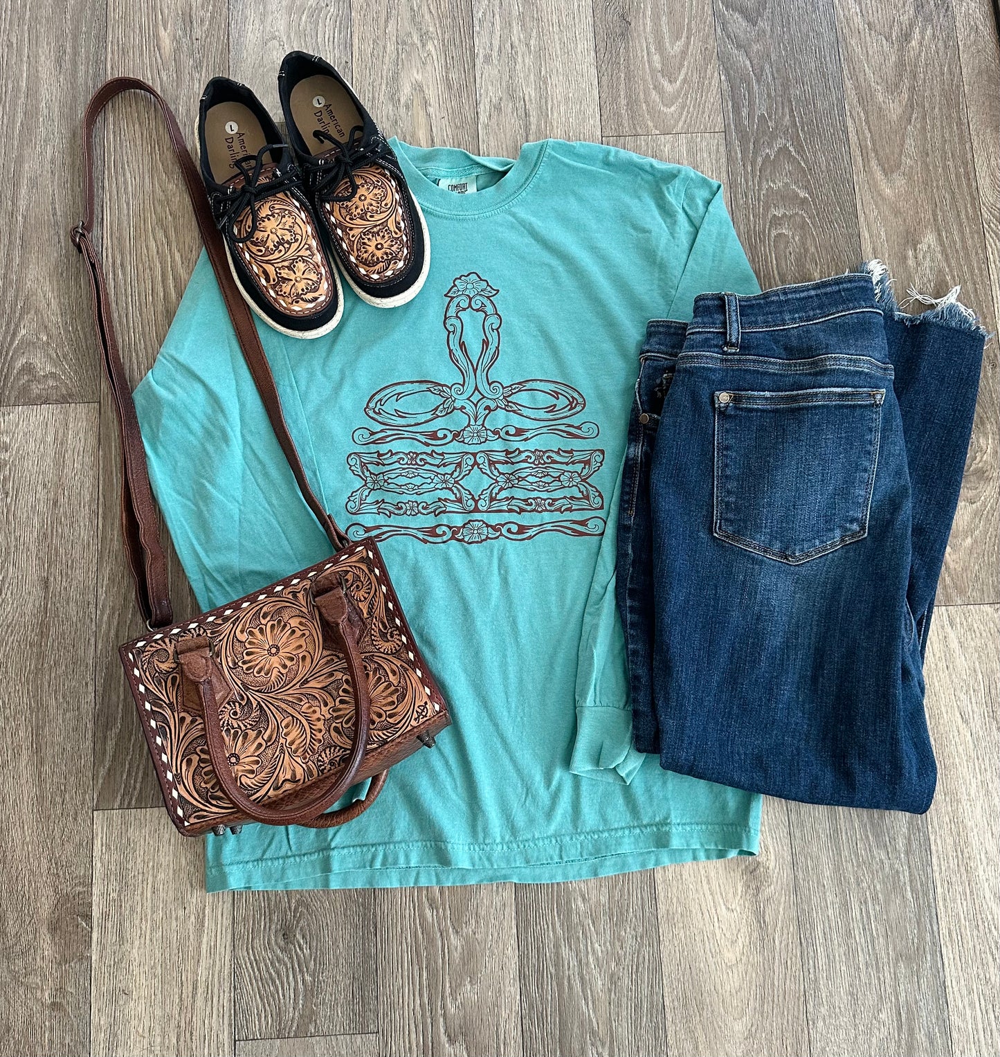 Turquoise & Chocolate Tooled Boot Stitch Long Sleeve