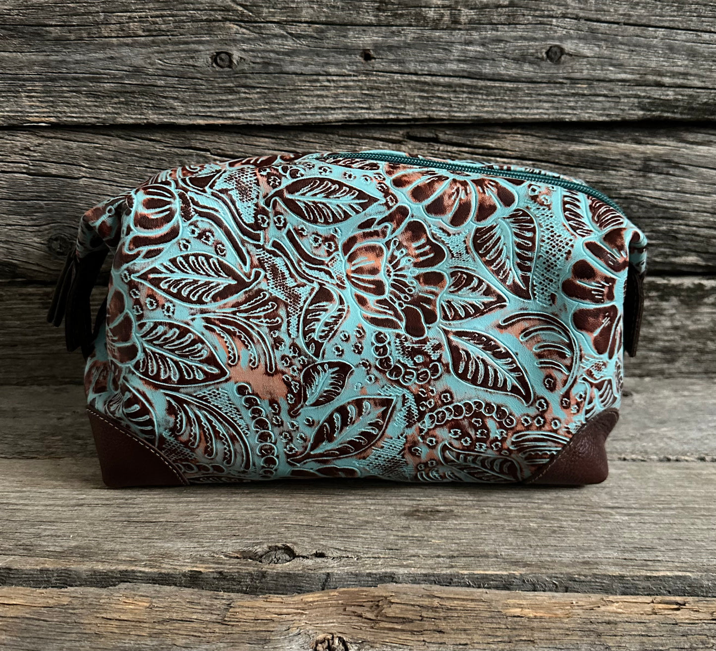 Embossed Turquoise Leather Toiletry Bag