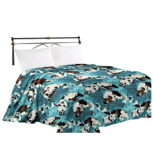 Tooled Turquoise Cow Print King Blanket