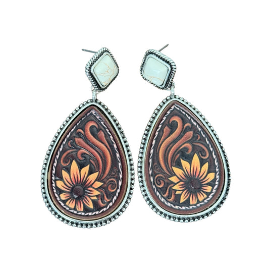 Tooled Sunflower Leather Earrings