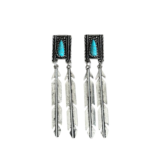 Turquoise Square Concho Feather Earrings