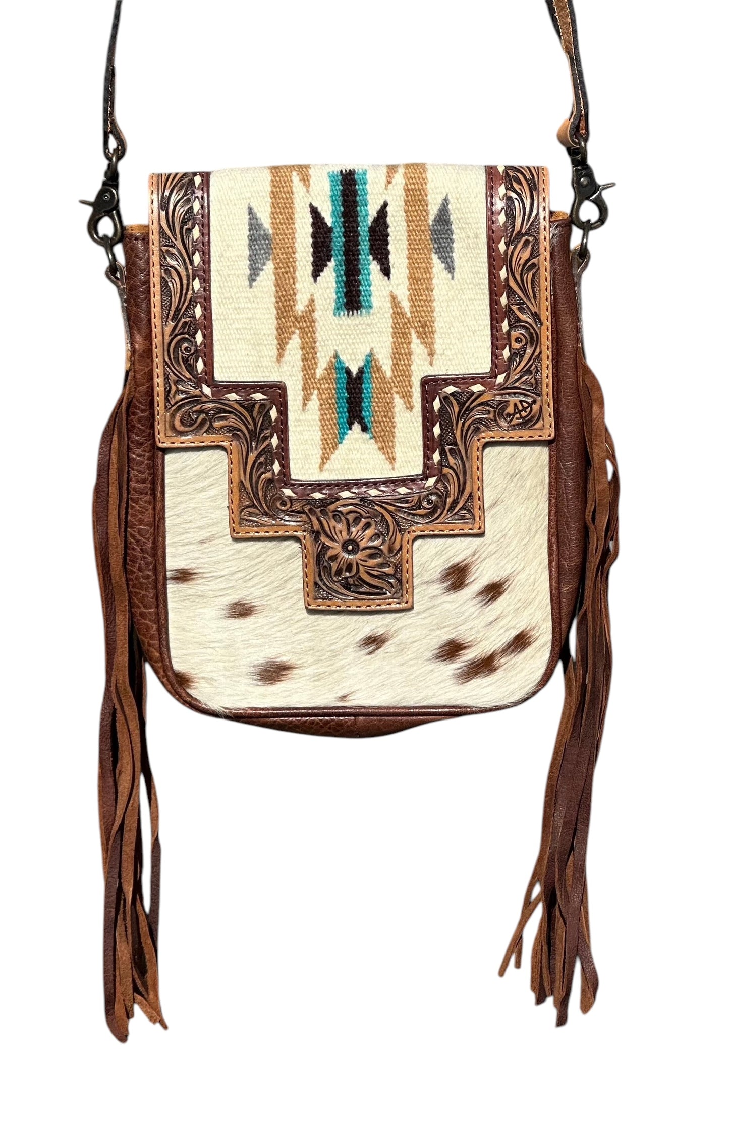 Tooled Leather Aztec Saddle Blanket Cowhide Purse