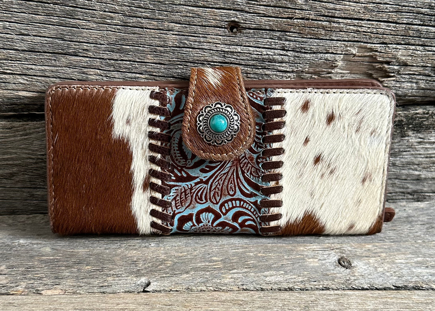 Turquoise Embossed Whipstitch Cowhide Wallet