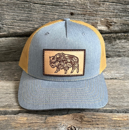 Grey & Mustard Tooled Buffalo Snapback
