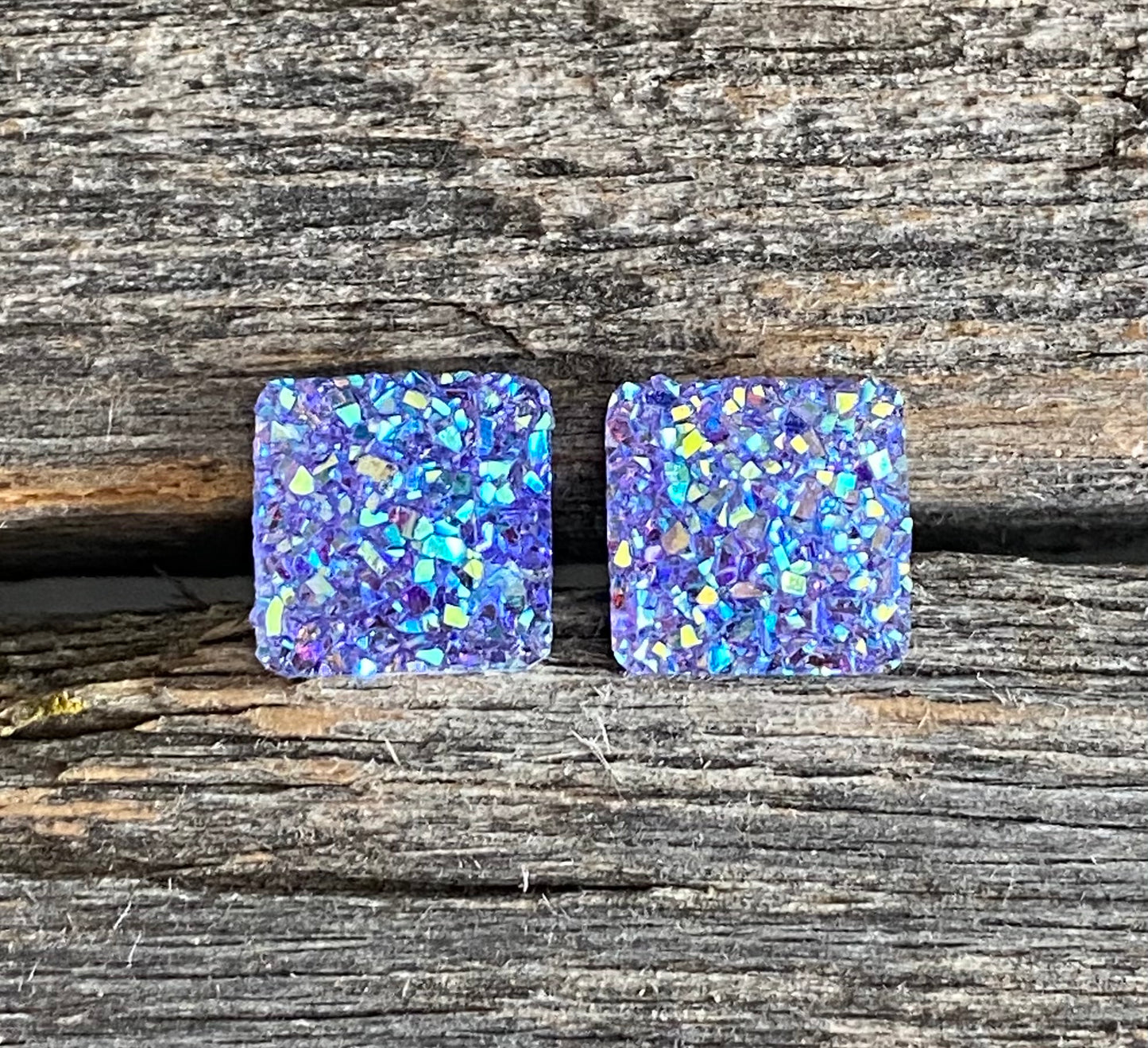 Purple Crystal Square Druzy Studs