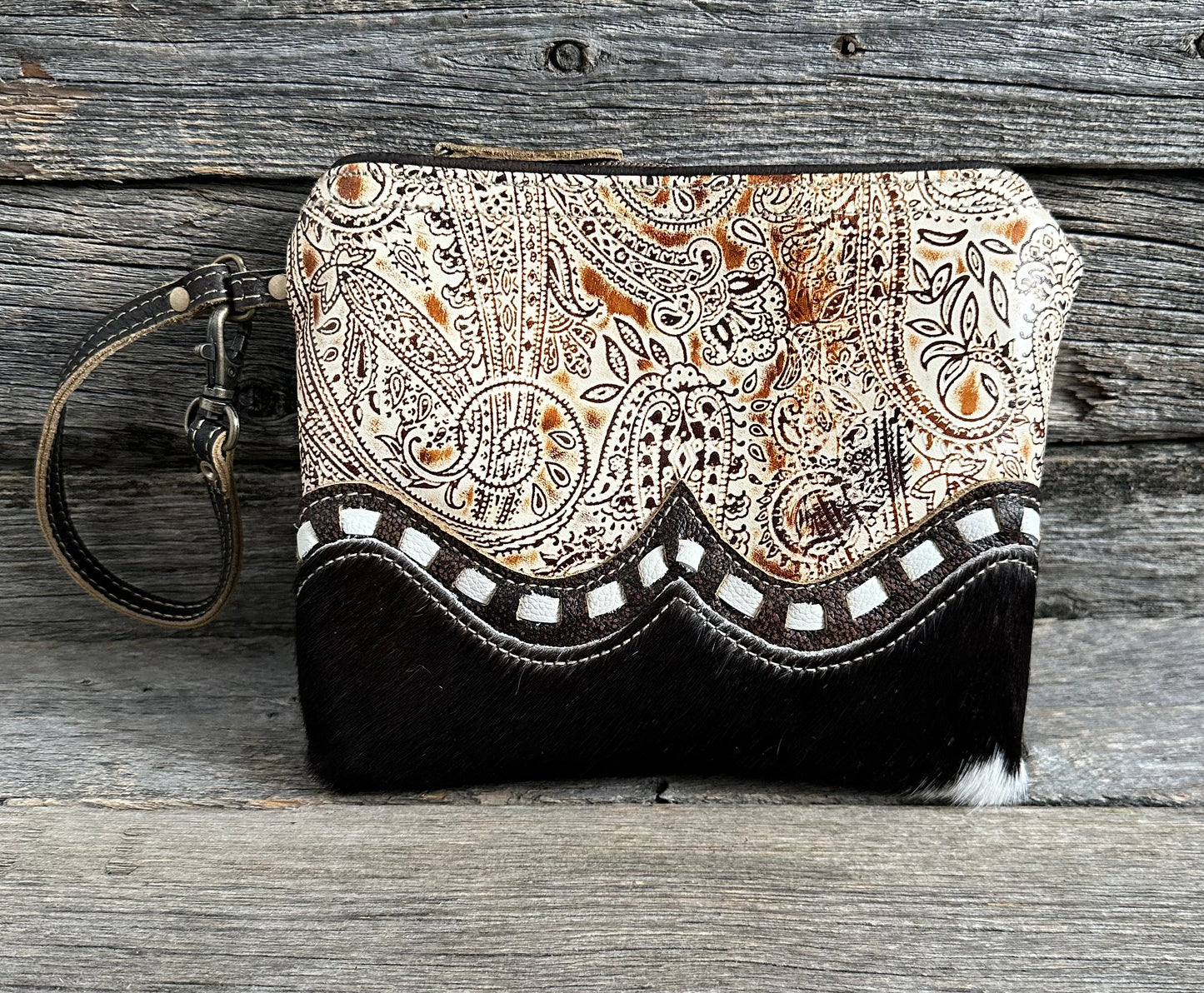 Embossed Leather & Cowhide Clutch