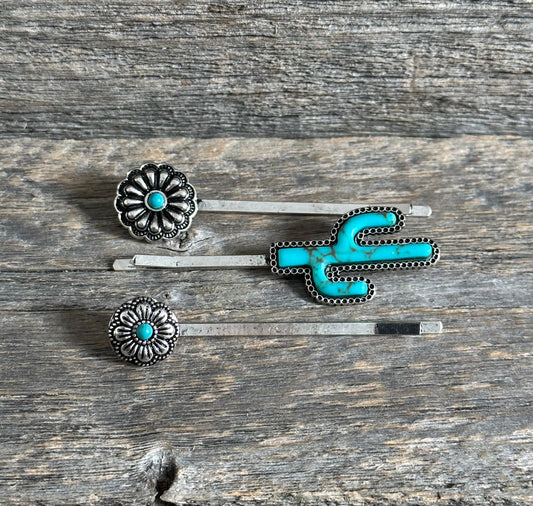 Turquoise Cactus Three Pack Hair Pins