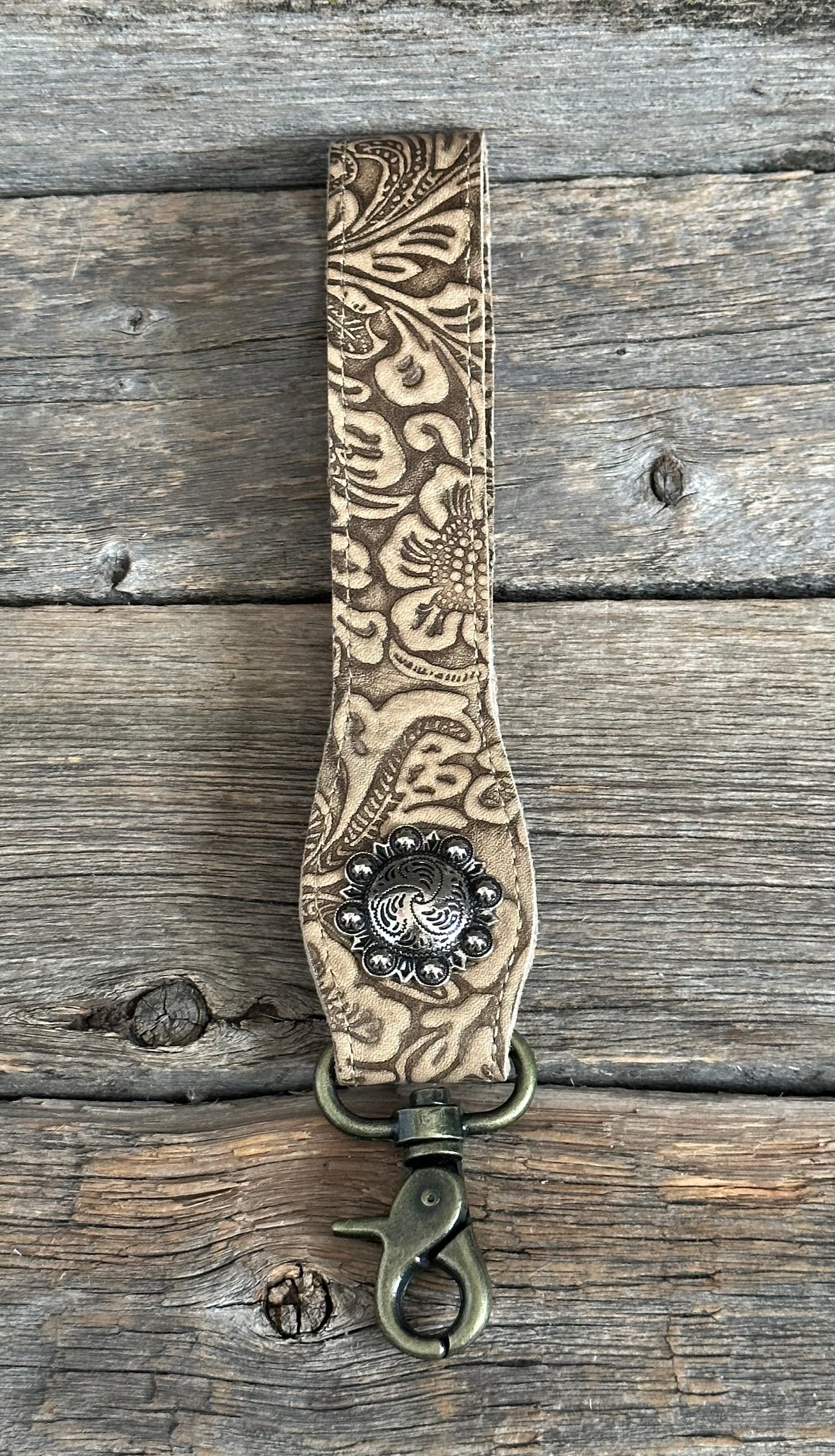 Tan Embossed Leather Keychain Wristlet