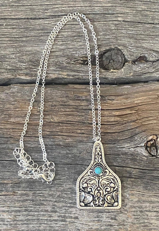 Turquoise Stone Silver Tag Necklace